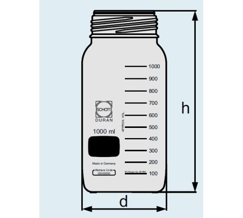 Бутыль DURAN Group 1000 мл, GLS80, широкогорлая, без крышки и сливного кольца, коричневое стекло